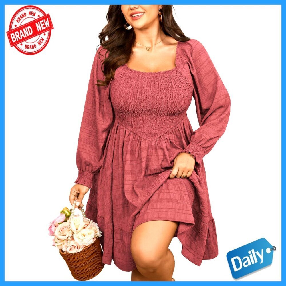 Plus Size A-Line Mini Dress Long Sleeve Square Neck Tiered Hem Casual
